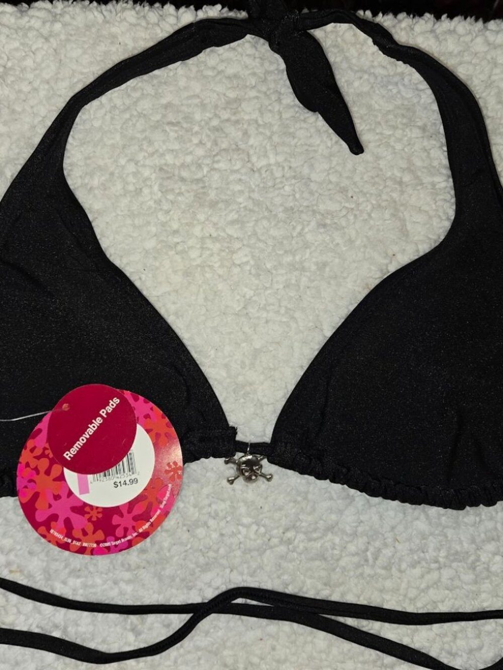 NWT Xhiliration Black Triangle Bikini Set Skull Charm Tie Side Halter Swimsuit L - Picture 2 of 3